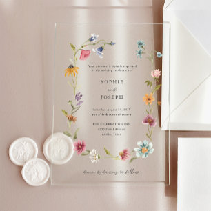 Invitaciones Acrílicas Simple Boho Wildflowers Wreath   Boda