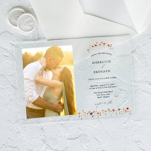 Invitaciones Acrílicas Simple Colorido Foto Horizontal de Boda Floral