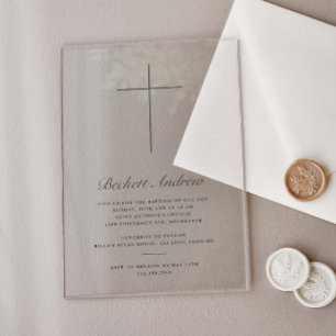Invitaciones Acrílicas Simple Cruz de Oro Escritura Bautizo