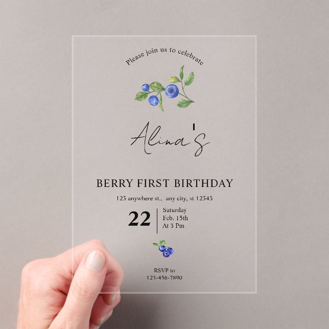 Invitaciones Acrílicas Simple Custom Berry first birthday fruit birthday  (Insitu (portátil))