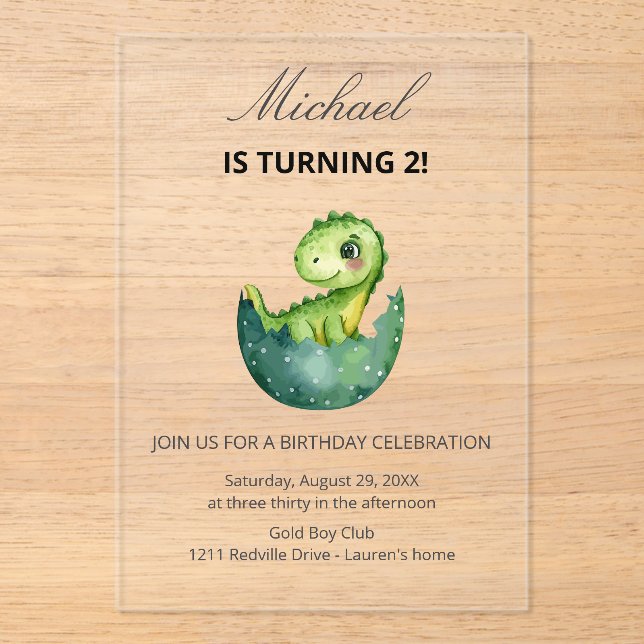 Invitaciones Acrílicas Simple Cute Green Dinosaur Birthday Party Invitati (Anverso)