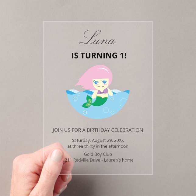 Invitaciones Acrílicas Simple Cute Mermaid Queen Birthday  (Insitu (portátil))
