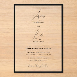 Invitaciones Acrílicas Simple Elegant Black & White Border Script Wedding