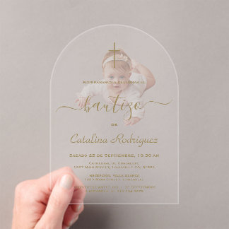 Invitaciones Acrílicas Simple Elegant Calligraphy Baby Photo Baptism