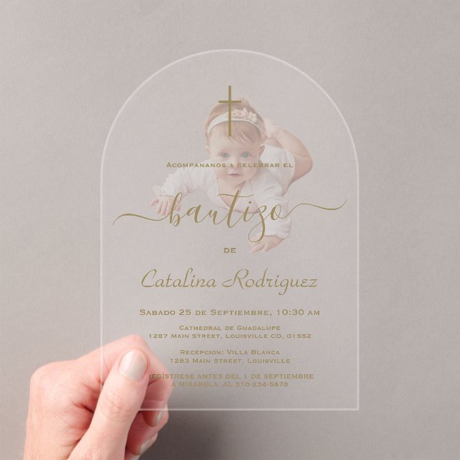 Invitaciones Acrílicas Simple Elegant Calligraphy Baby Photo Baptism  (Insitu (portátil))