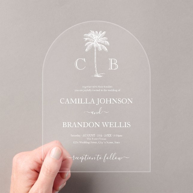 Invitaciones Acrílicas Simple Elegant Tropical Palm Monograms Wedding (Insitu (portátil))