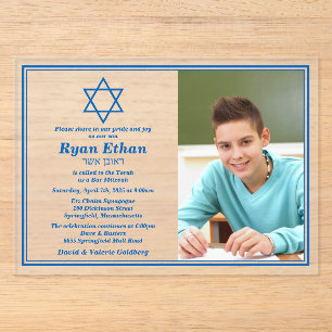 Invitaciones Acrílicas Simple Estrella de David Azul Foto Bar Mitzvah