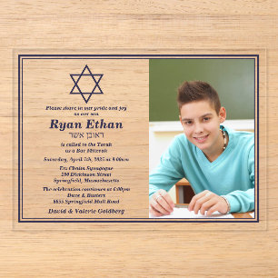 Invitaciones Acrílicas Simple Estrella de David en azul marino Bar Mitzva