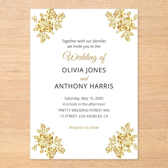Invitaciones Acrílicas Simple Gold Roses Elegant Modern Floral Wedding  (Anverso)