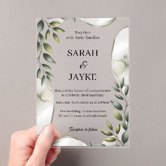 Invitaciones Acrílicas Simple Modern Minimal Green Leaf Wedding Acrylic