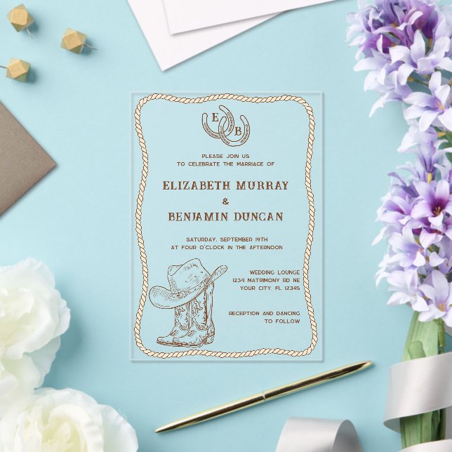 Invitaciones Acrílicas Simple Western Horseshoe Monogram Barn Wedding (Insitu (Boda))