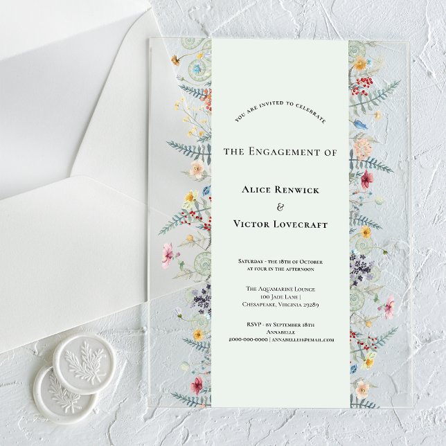 Invitaciones Acrílicas Simple Wildflower Fern Mint Green Engagement Party (Subido por el creador)