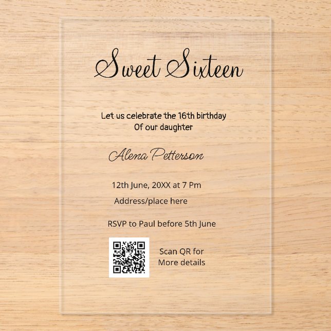Invitaciones Acrílicas Simple y moderno QR Sweet de dieciséis años (Anverso)