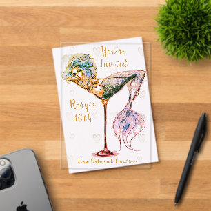 Invitaciones Acrílicas Sirena en un Vaso de Martini Fiesta Personalizada