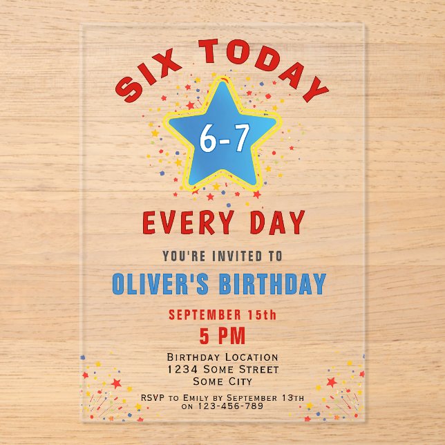 Invitaciones Acrílicas Six Today 6 7 Every Day Meme Star 6th Birthday  (Anverso)