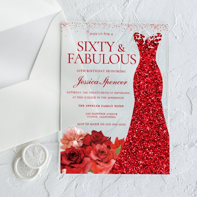 Invitaciones Acrílicas Sixty & Fabulous! Red Dress 60th Birthday Party (Subido por el creador)