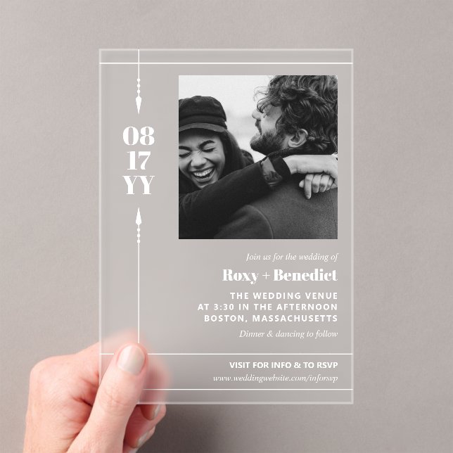 Invitaciones Acrílicas Sleek Arrows Bold Fecha Foto Boda informal (Insitu (portátil))