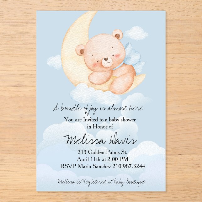 Invitaciones Acrílicas Sleepy Bear Baby Shower Invitation  (Anverso)