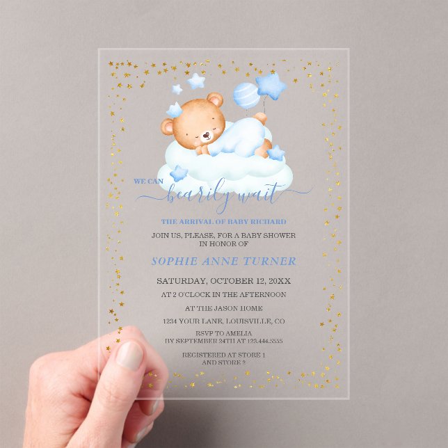 Invitaciones Acrílicas Sleepy Teddy Bear casi Await Boy Baby Shower (Insitu (portátil))