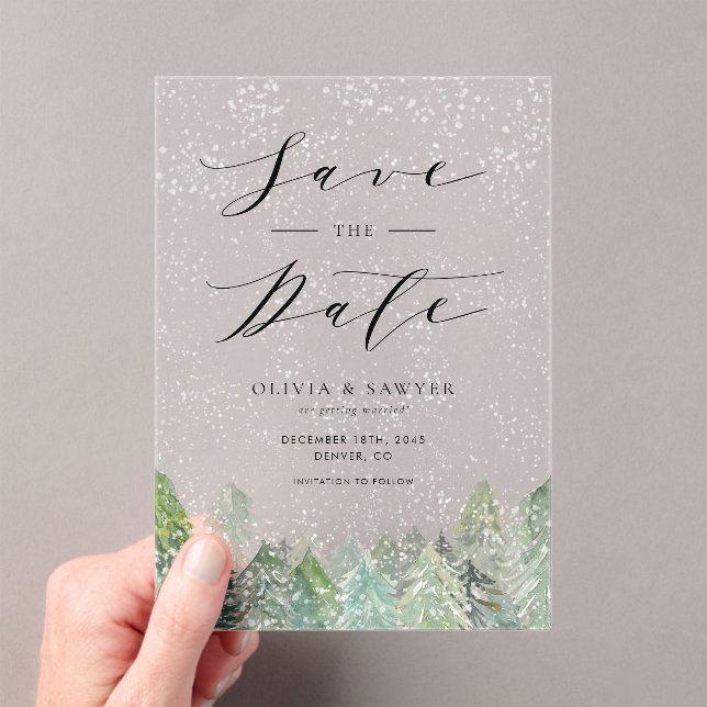 Invitaciones Acrílicas Snowy Evergreen Woodland Winter Save the Date (Insitu (portátil))