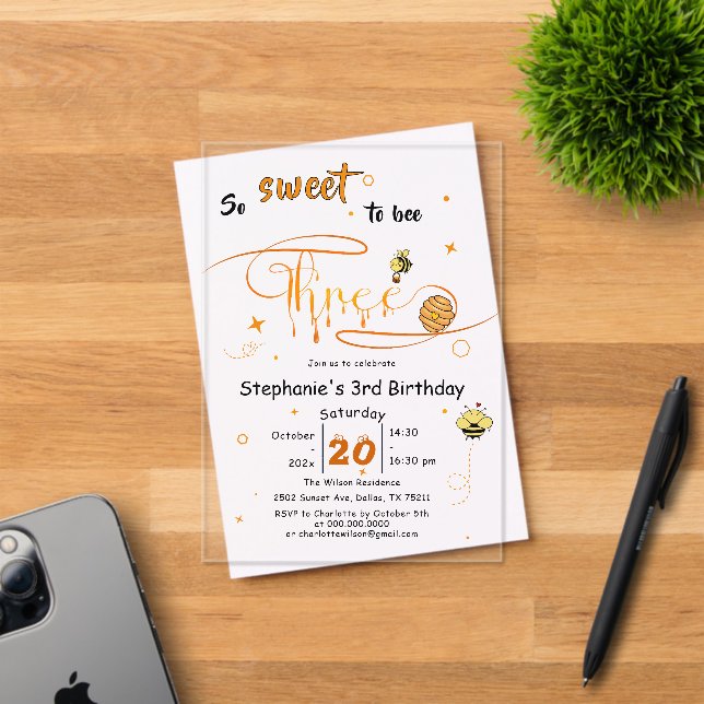 Invitaciones Acrílicas So Sweet To Bee Three Cute Honey Bee 3rd Birthday (Insitu (Tarjeta de Invitación))