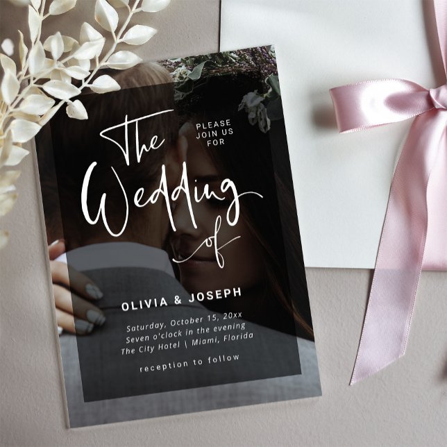 Invitaciones Acrílicas Sobreposición moderna en blanco y negro | Boda fot (Subido por el creador)