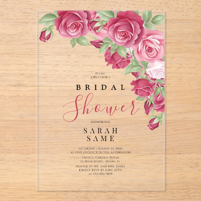 Invitaciones Acrílicas Sofisticada Ducha de Novia con Rosa (Anverso)