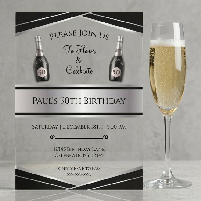 Invitaciones Acrílicas Sofisticado Cumpleaños 50 para Él Negro y Plata (Sophisticated Masculine 50th Birthday Acrylic Invite with Silver Art Deco & Black Details.)