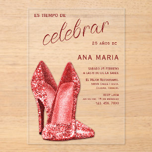 Invitaciones Acrílicas Sofisticado Cumpleaños Femenino Español Rojo