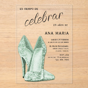 Invitaciones Acrílicas Sofisticado Cumpleaños Femenino Español Verde