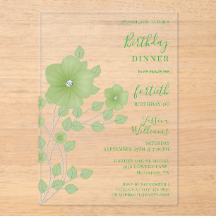Invitaciones Acrílicas Sofisticado cumpleaños floral verde de diamante