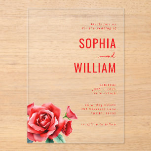 Invitaciones Acrílicas Sofisticado Floral Negro y Rojo