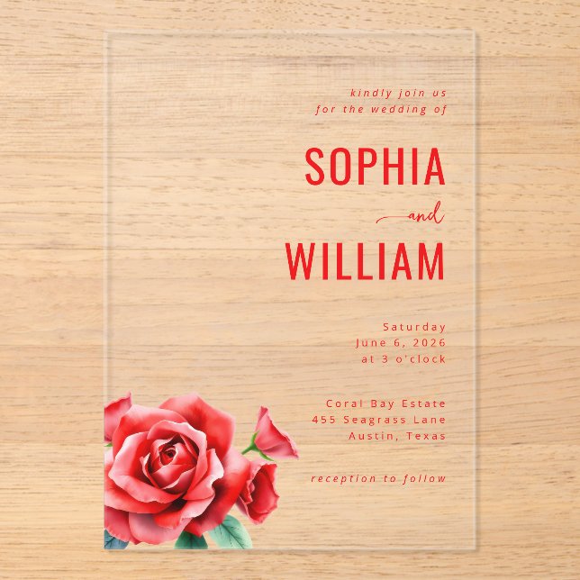 Invitaciones Acrílicas Sofisticado Floral Negro y Rojo (Anverso)