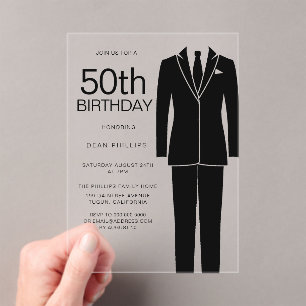 Invitaciones Acrílicas Sofisticados hombres con traje negro 50 cumpleaños