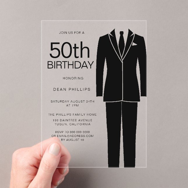 Invitaciones Acrílicas Sofisticados hombres con traje negro 50 cumpleaños (Insitu (portátil))