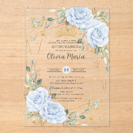 Invitaciones Acrílicas Soft Baby Blue Floral Butterflies Gold Quinceanera