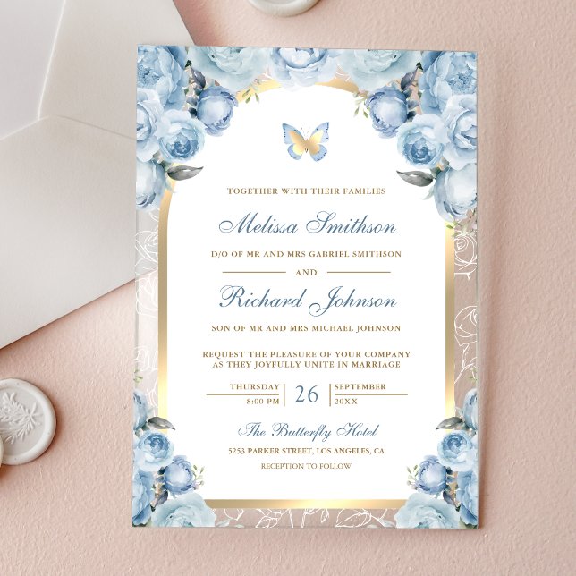 Invitaciones Acrílicas Soft Blue Floral Gold Arch Butterfly Wedding (Subido por el creador)