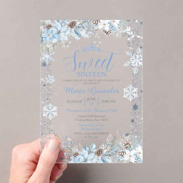 Invitaciones Acrílicas Soft Blue Winter Floral Christmas Sweet Sixteen (Insitu (portátil))