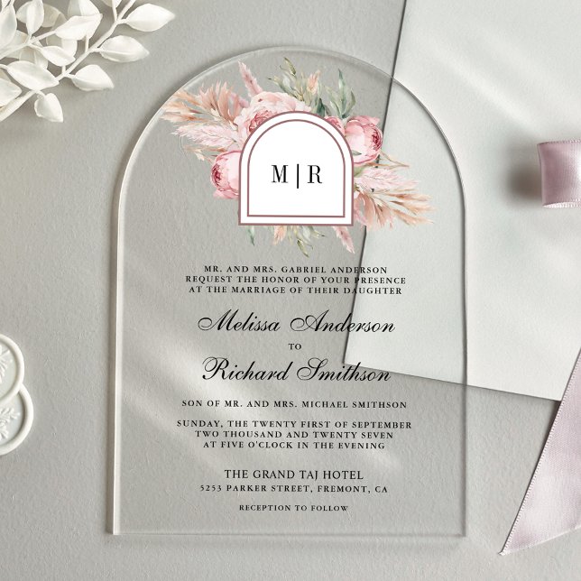 Invitaciones Acrílicas Soft Dusty Rose Pink Floral Pampas Wedding (Subido por el creador)