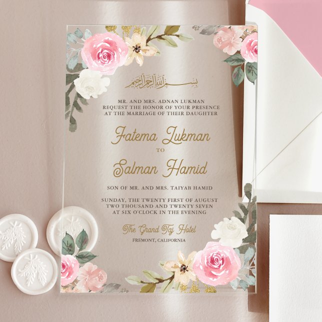 Invitaciones Acrílicas Soft Pastel Pink Floral Islamic Muslim Wedding (Subido por el creador)