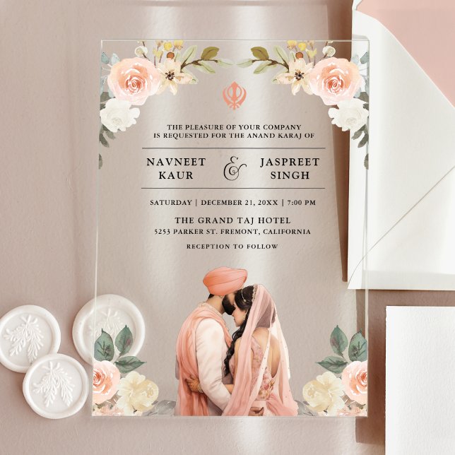 Invitaciones Acrílicas Soft Peach Floral Anand Karaj Indian Sikh Wedding (Subido por el creador)