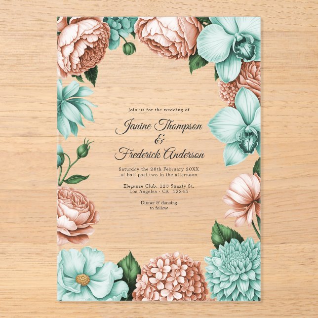 Invitaciones Acrílicas Soft Peach & Mint Modern Botanical Wedding (Anverso)