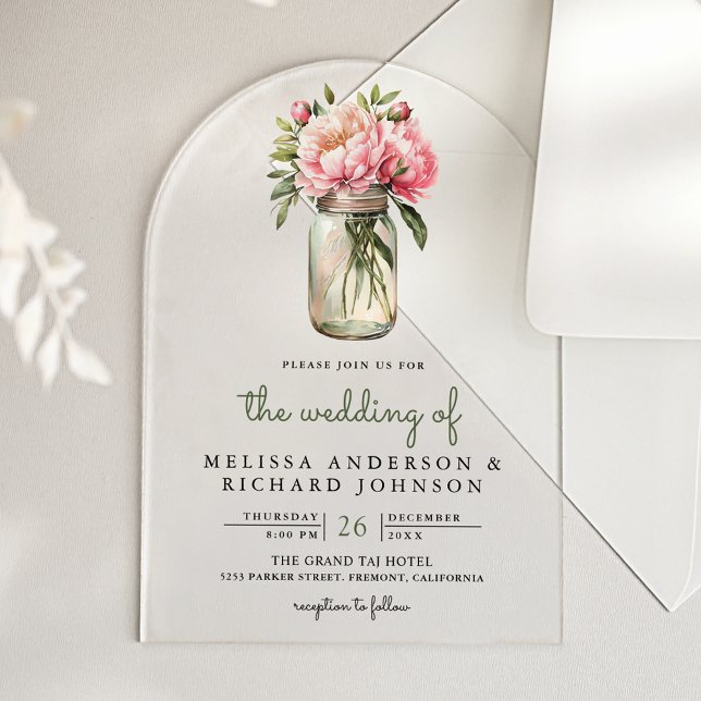 Invitaciones Acrílicas Soft Pink Peony Flowers Mason Jar Wedding (Subido por el creador)