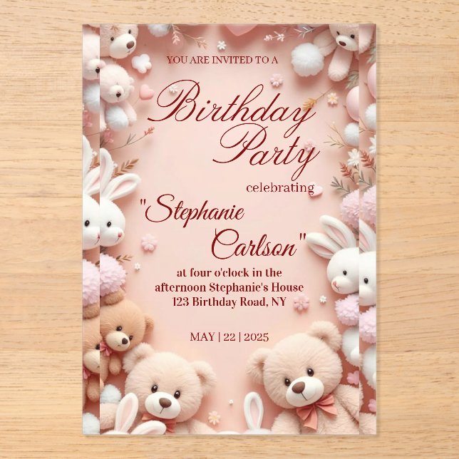 Invitaciones Acrílicas Soft Pink Teddy Bear Birthday Invitation (Anverso)