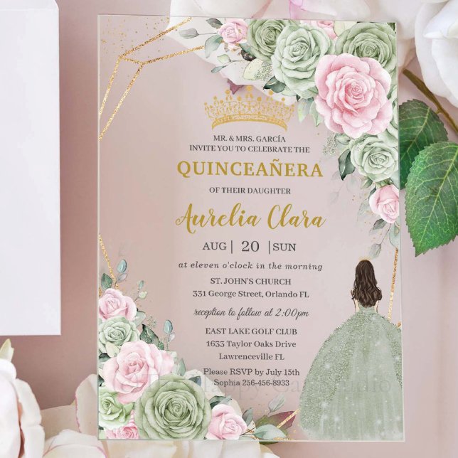 Invitaciones Acrílicas Soft Sage Green Pink Floral Gold Quinceañera (Subido por el creador)