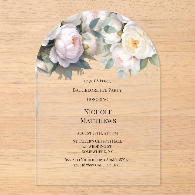 Invitaciones Acrílicas Soft White Peony with Eucalyptus Bachelorette (Anverso)