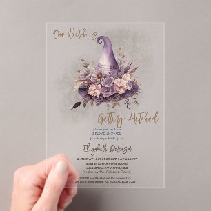 Invitaciones Acrílicas Sombrero de Bruja Floral Luna Halloween Despedida 