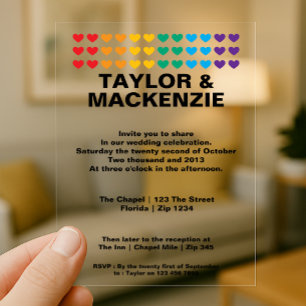 Invitaciones Acrílicas Sonidos de boda Gay Diversión Arcoíris Orgullo