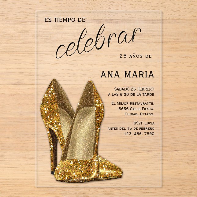Invitaciones Acrílicas Sophisticated Gold Spanish Feminine Birthday  (Anverso)