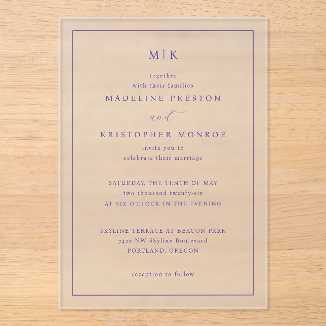 Invitaciones Acrílicas Sophisticated Navy Initials (Anverso)